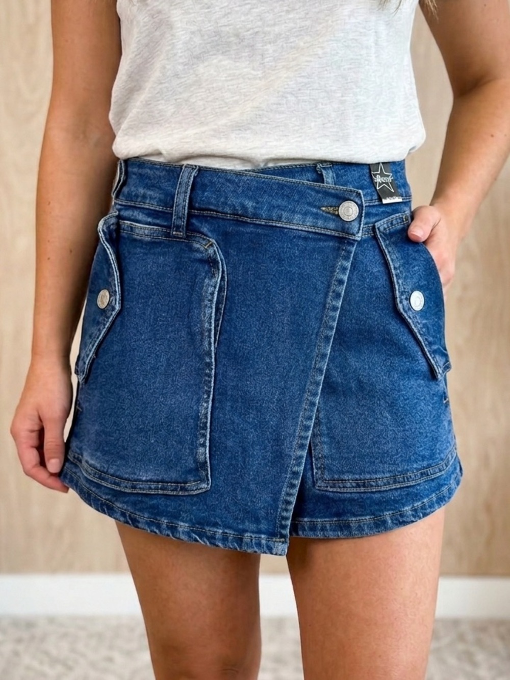 Vibrant Dark Blue Denim Mini Skirt with Front Flap Pockets